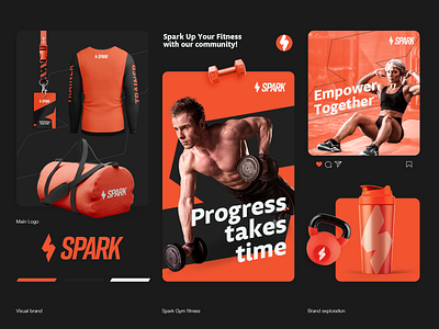 Spark gym fitness brand black bold brand brand identity branding fitness graphic design gym logo minimal orange sport ui visual brand