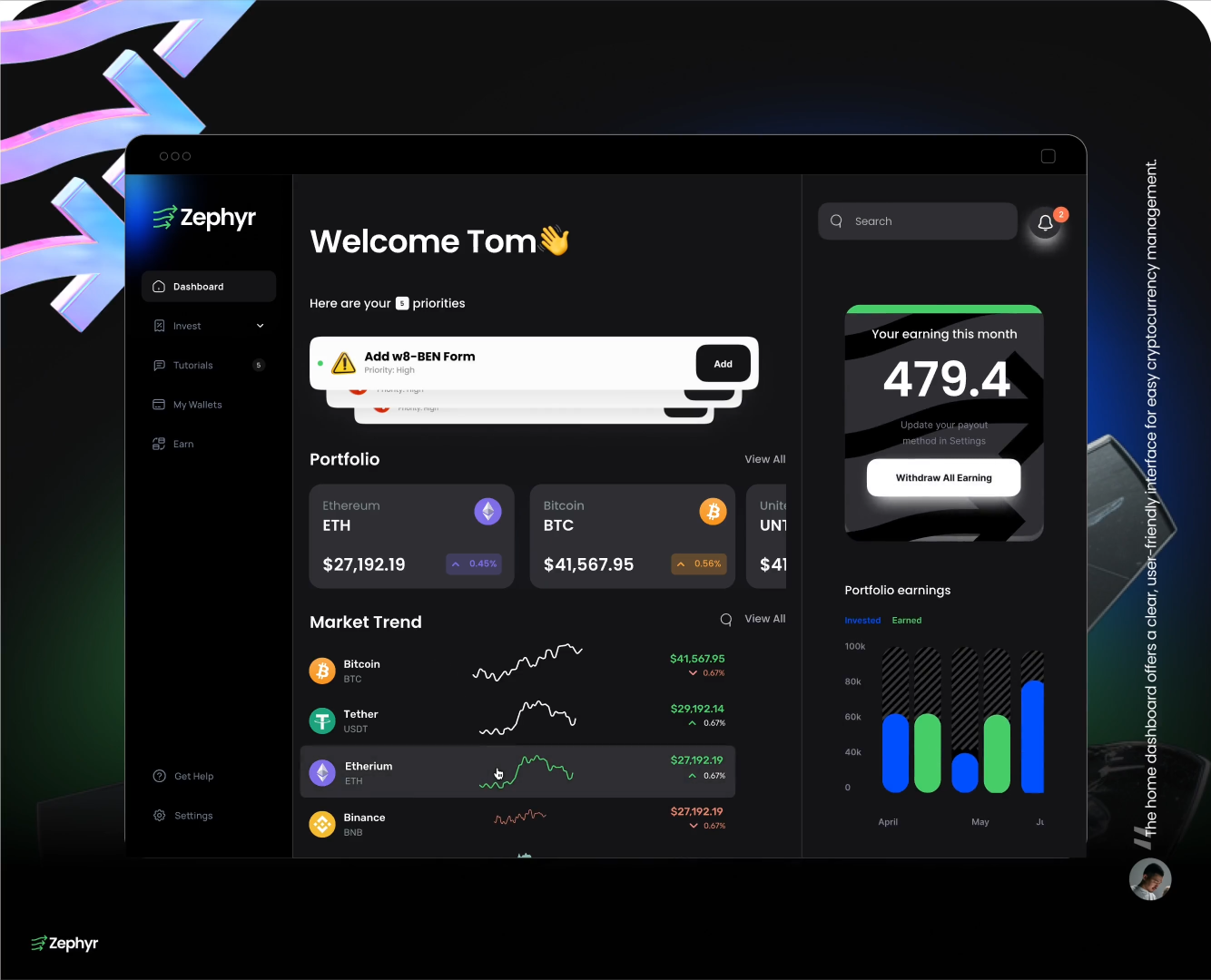 Zephyr | Homepage Desktop animation app assets branding crypto crypto wallet cryptocurrency dashboard design digital digital wallet finance fintech graph innovation money security web3