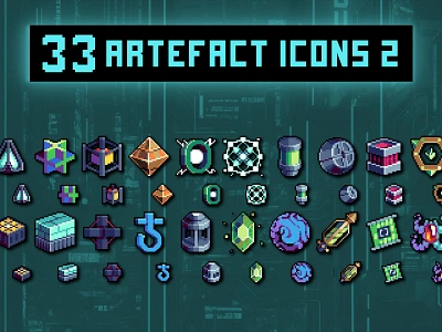 Cyberpunk Artefact Icons Pixel Art 2d art asset cyberpunk game game assets gamedev icon icone icons indie indie game pixel pixelart pixelated sprite sprites spritesheet spritesheets ui