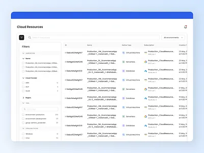 Cloud Info Table View cloud data desktop filter search table ui ux