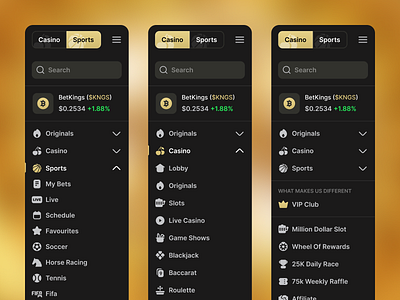 BetKings - Online Casino | Side Bar States betting blockchain casino categories crypto crypto casino drop down gambling game gaming icons igaming menu online casino side bar tabs token price ui element ui kit wagering