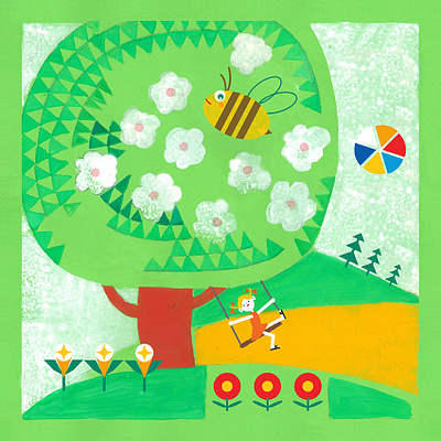 A bee lives on an apple tree illustration