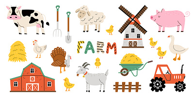 Collection of farm elements. Cute farm animals. animal art chicken cow cute design farm flat design goat hand drawn illustration mill pig vector village