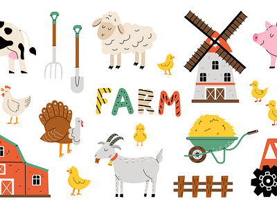 Collection of farm elements. Cute farm animals. animal art chicken cow cute design farm flat design goat hand drawn illustration mill pig vector village