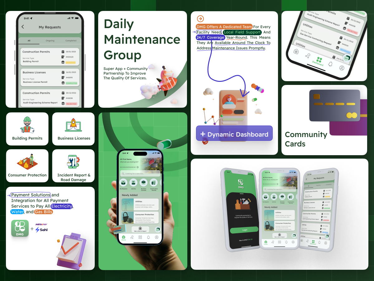 Daily Maintenance Group Super App community apps daily ui challenge dashboard data visualizing design design process fintech government apps graphic design mobile mock up product design smart apps super apps udacity ui user experience design user interface design ux ux case study