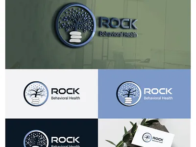 Logo Design for Rock Behavioral Health 2d blue branding business company design dribbble flat graphic design gray health leaf logo plant rock stone tree
