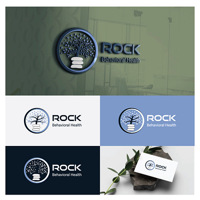 Logo Design for Rock Behavioral Health 2d blue branding business company design dribbble flat graphic design gray health leaf logo plant rock stone tree