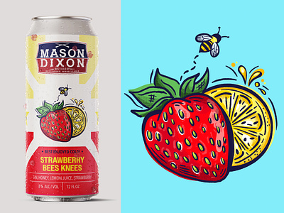 Strawberry Cocktail Drink Label bee bees knees branding can drink flavor fruit fruity graphic design illustration label lemon line art packaging refreshing strawberry style summer texture yum