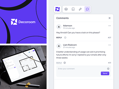 Decoroom: Virtual Interior Design App - Comments 💬 brand identity branding comment component dashboard feedback form input input form logo mockup modal product design saas saas uiux ui component uiux virtual interior web app workspace