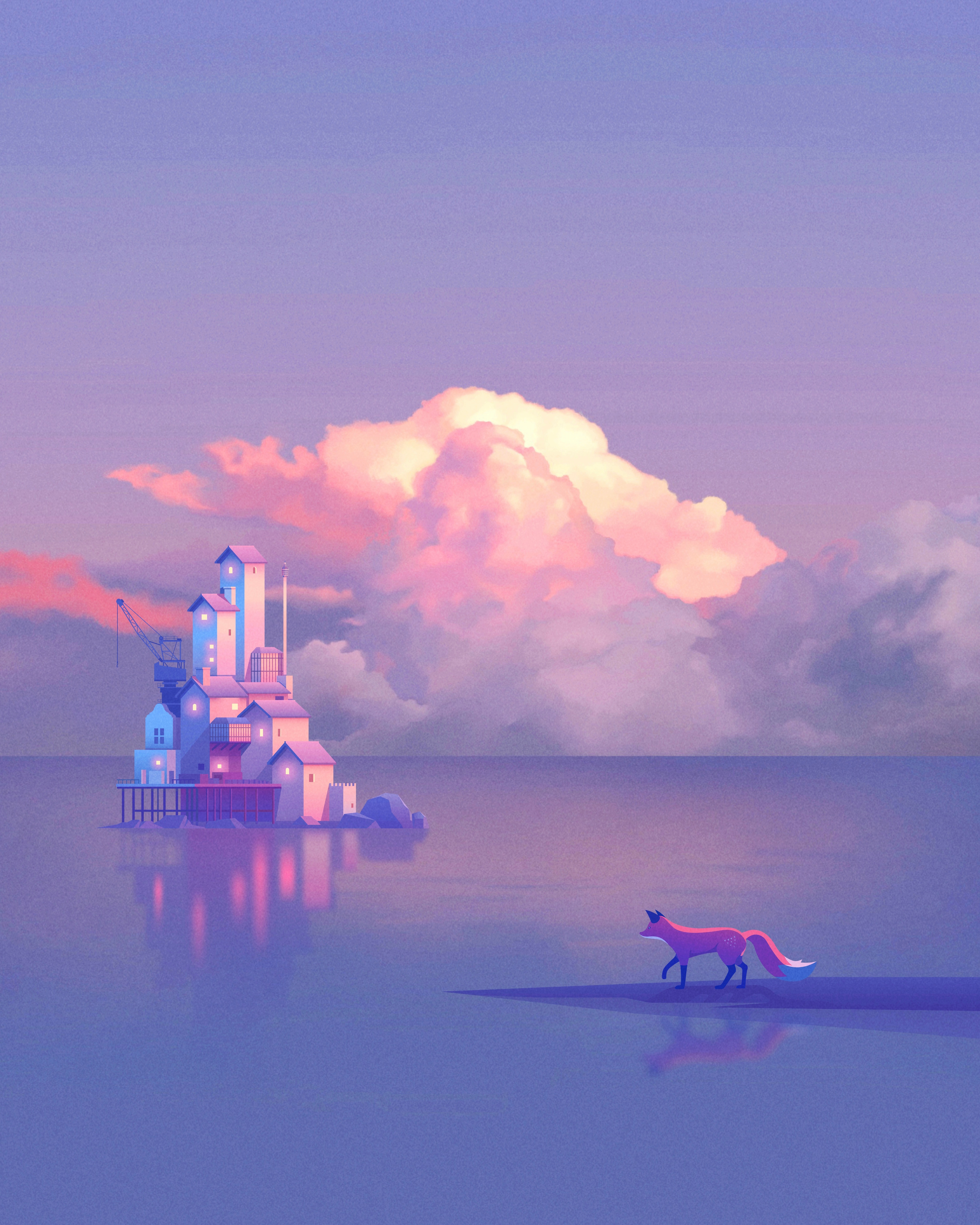 Quinn the Fox & The Dockyard illustration animals anime art asian art character design clouds color colour cute environment fox gaming illustration japanese landscape nature procreate studio ghibli sunset vector