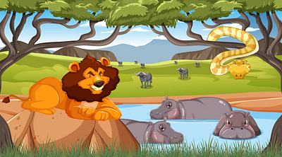 Wild animals savanna forest landscape 3d elephant cartoon