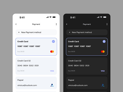 Payment Exploration - Light and Dark Modes colorexploration darkmode designtokens interactiondesign lightmode mobiledesign tokens ui uidesign