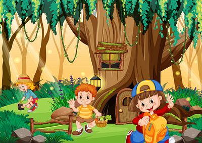 Children enchanted forest with big hollow tree 3d animation