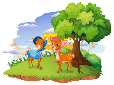 Isolated forest scene with deers cartoon-style elephant cartoon graphic design