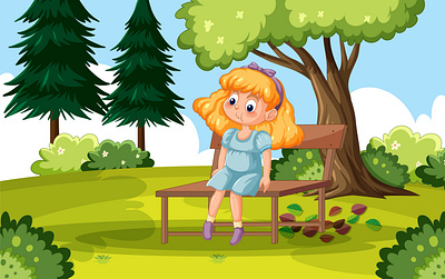 Little girl enjoying nature park bench branding elephant cartoon