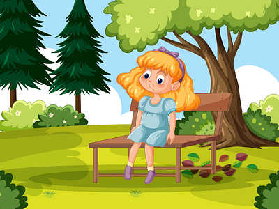 Little girl enjoying nature park bench branding elephant cartoon
