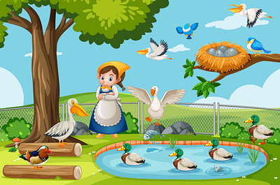 Many birds in the nature park scene with the gardener girl elephant cartoon graphic design