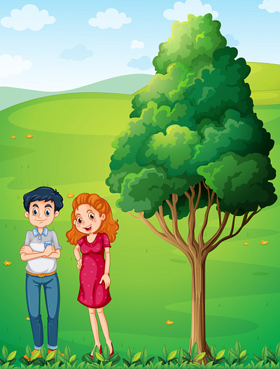 Mother and father near big tree hilltop 3d elephant cartoon