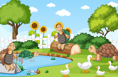 Nature scene with ducks tortoises 3d animation elephant cartoon graphic design