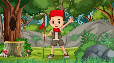Nature scene with boy cartoon character 3d elephant cartoon