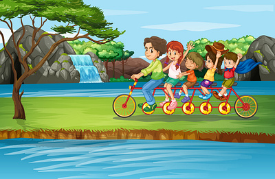 Scene with family riding bicycle park 3d elephant cartoon graphic design