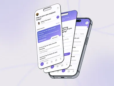 Dementia Caregivers Mobile App | Questionnaire app articles blog caregiver concept dailyui dementia design health home page layout illustration inspiration mental health mobile mobile app mobile mockup mockup product design purple ui