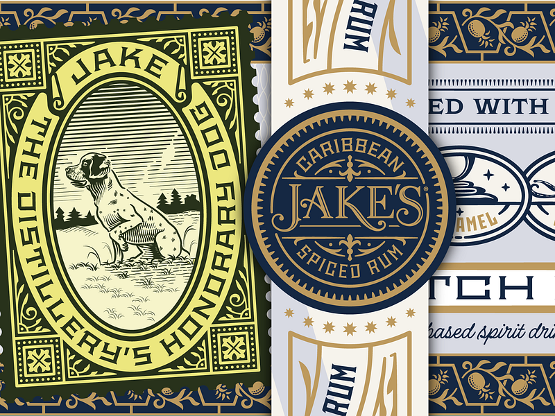 Jake's Details badge engraving etching illustration logo packaging packaging design peter voth design spirits vector