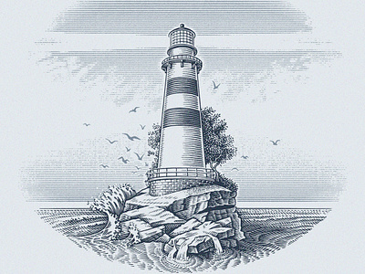 Lighthouse clouds engraving hand drawn illustration lighthouse line art line engraving nature nautical ocean outdoors pen and ink scraperboard scratchboard sea seagulls seascape waves woodcut