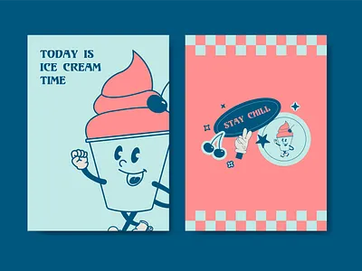Retro posters with ice cream character berry branding cartoon character cherry design face flat food graphic groovy hand icecream illustration mascot poster retro sticker trendy vector