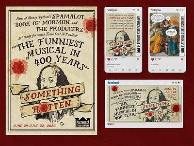 Something Rotten branding direct mail graphic design logo musical postcard social media theater theatre
