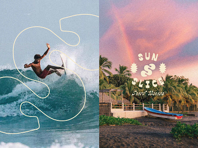 Sunslice Surf House branding, lettering, custom font and logos boutique hotel branding custom type font hotel icon logo ocean sun surf surfer surfing tropical vector waves