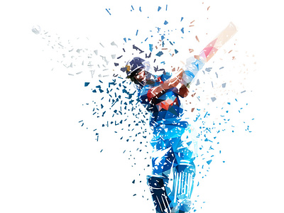 Cricket player, low poly vector illustration, distortion effect. athlete batter blue cricket geometric grunge illustration isolated low poly man player polygonal portrait sport sports team triangles vector