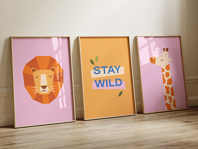 STAY WILD Graphics Collection adobe illustrator childrens illustration childrens wall art framed graphics giraffe illustration graphic design illustration lion illustration wall art design zoo animals zoo illustrations