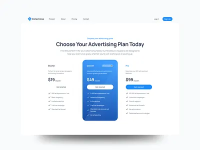 Pricing page · Detachless FREE Figma UI kit advertising blue blue gradient design detachless figma light mode light ui pricing pricing page saas ui ui design ui kit uiux ux ux design web design website