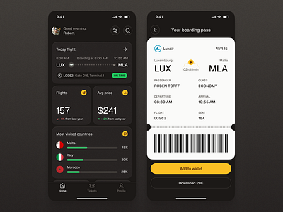 All-in-one travel app exploration app barcode boarding boarding pass booking dark dashboard data design flight home screen minimalism mobile mobile app pass plane ticket travel ui ux