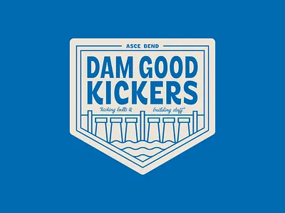 Dam Good Kickers Kickball Team badge bend blue branding color crest dam engineer graphic design kickball logo oregon sports sports branding sports logo summer t shirt team logo typography water