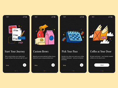 Onboarding for Coffee Subscription App 2d branding coffee design illustration intro layout onboarding screens subscribtion ui