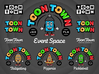 Toon Town Logo System branding cartoon character design graphic design identity illustration logo mascot type typography vector