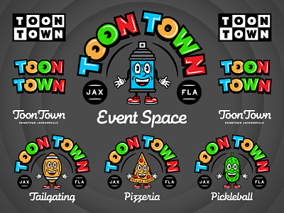 Toon Town Logo System branding cartoon character design graphic design identity illustration logo mascot type typography vector