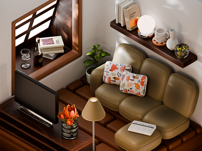 Cozy Living Room done in Blender 3d 3dart 3dillustration blender blender3d cycles design illustration interior isometric isometrics