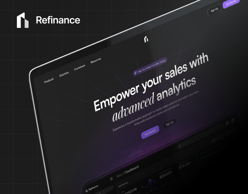Refinance - SaaS Sales Analytics Landing Page analytics business clean company dark mode design finance landing page product saas sales ui ui design uiux ux website design
