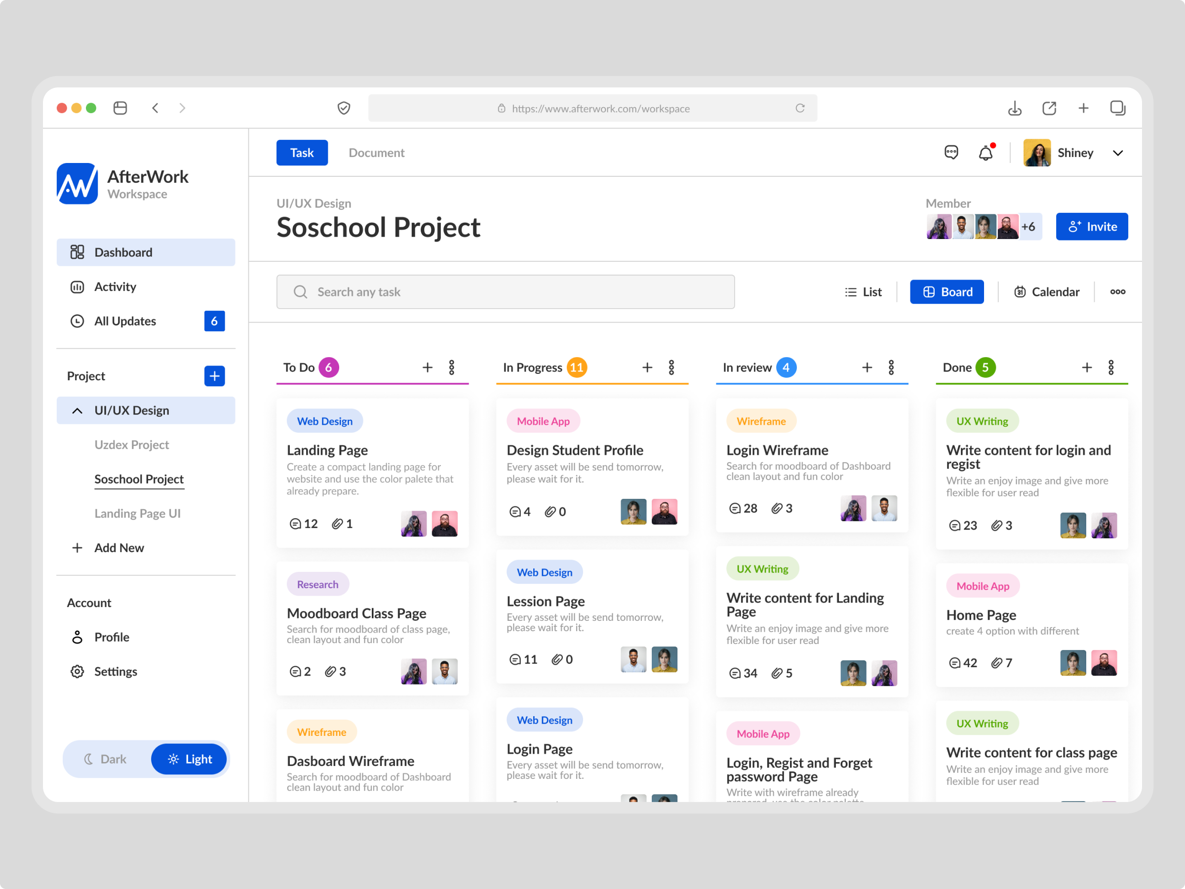 AfterWork - Task Management Dashboard analytics clean dashboard design management management dashboard planning productivity project project management saas statistics task task management team trello ui web web dashboard workspace