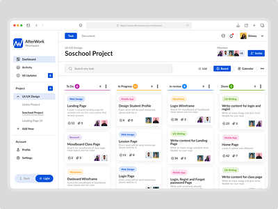 AfterWork - Task Management Dashboard analytics clean dashboard design management management dashboard planning productivity project project management saas statistics task task management team trello ui web web dashboard workspace