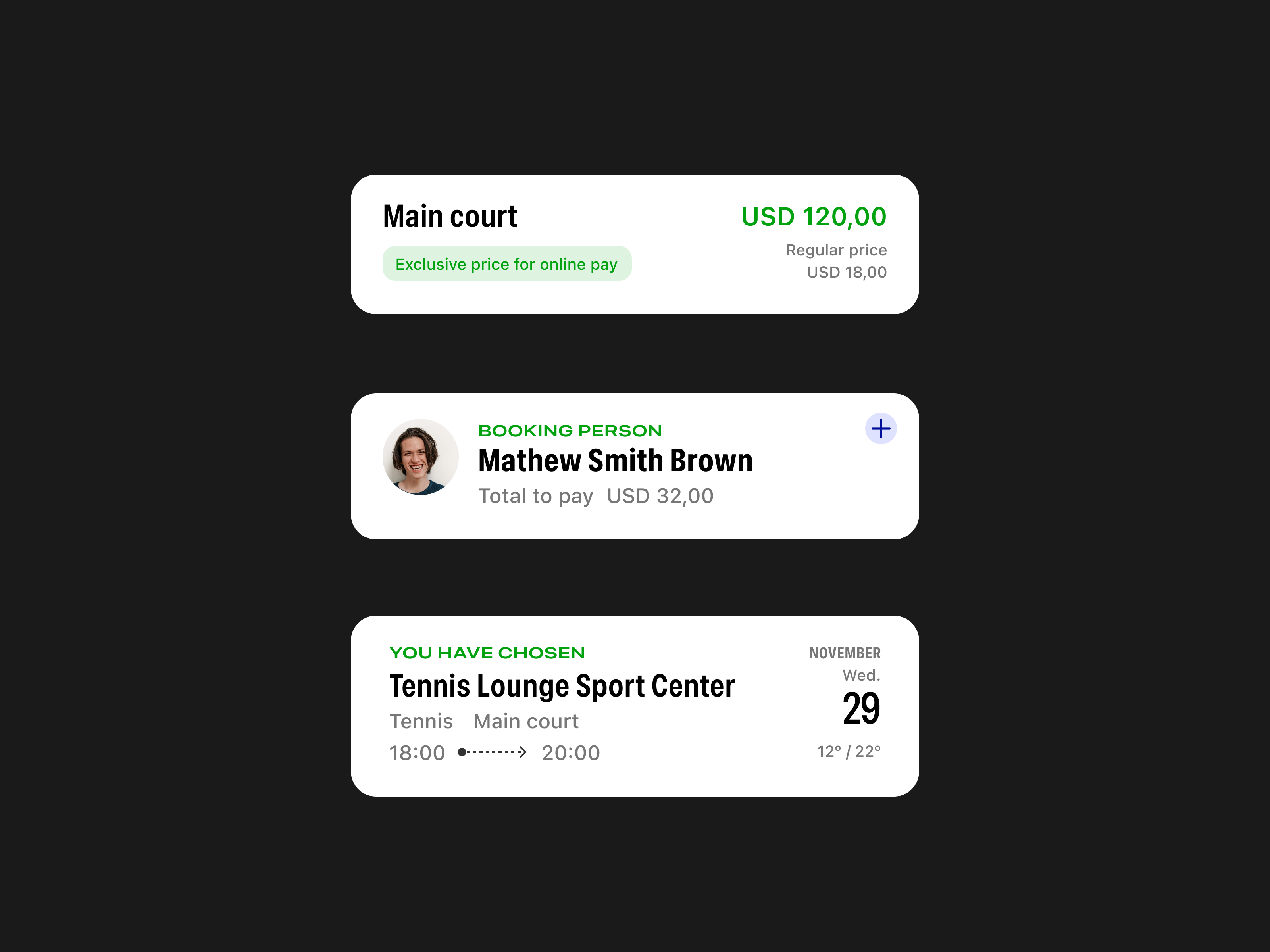 cards 3 card colors date gray green sport ui ui card ui components user user card user interface