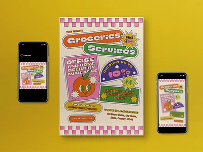 Beige Retro Cartoon Grocery Delivery Flyer Set beige cartoon delivery graphicook grocery grocery delivery retro service flyer simple