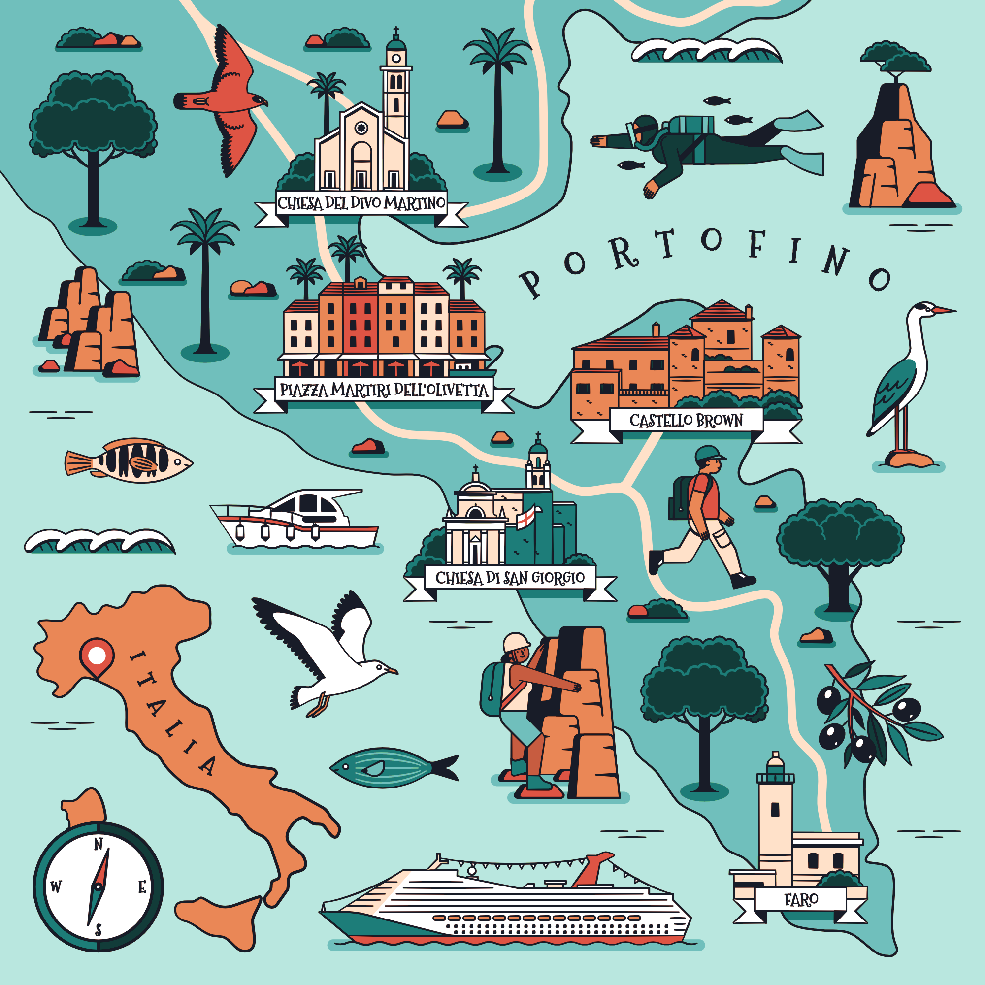 Portofino Map coasteering diving hiking holiday italian italy map midcentury outdoors portofino vacation