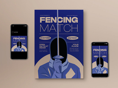 Blue Flat Design Fencing Match Flyer Set blue fencing fencing match fencing match flyer flat design flat design style graphicook simple