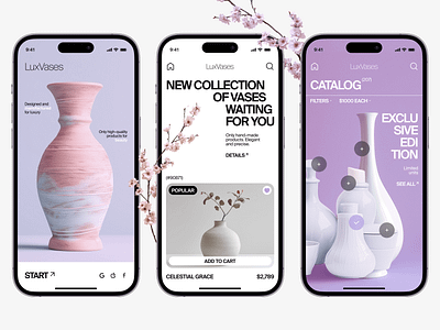 LuxVases - Mobile App Concept 3d collection craft decor ecommerce elegant fineart interior luxury mobile online playing premium purchase purple ui uitips uitutorial ux vases