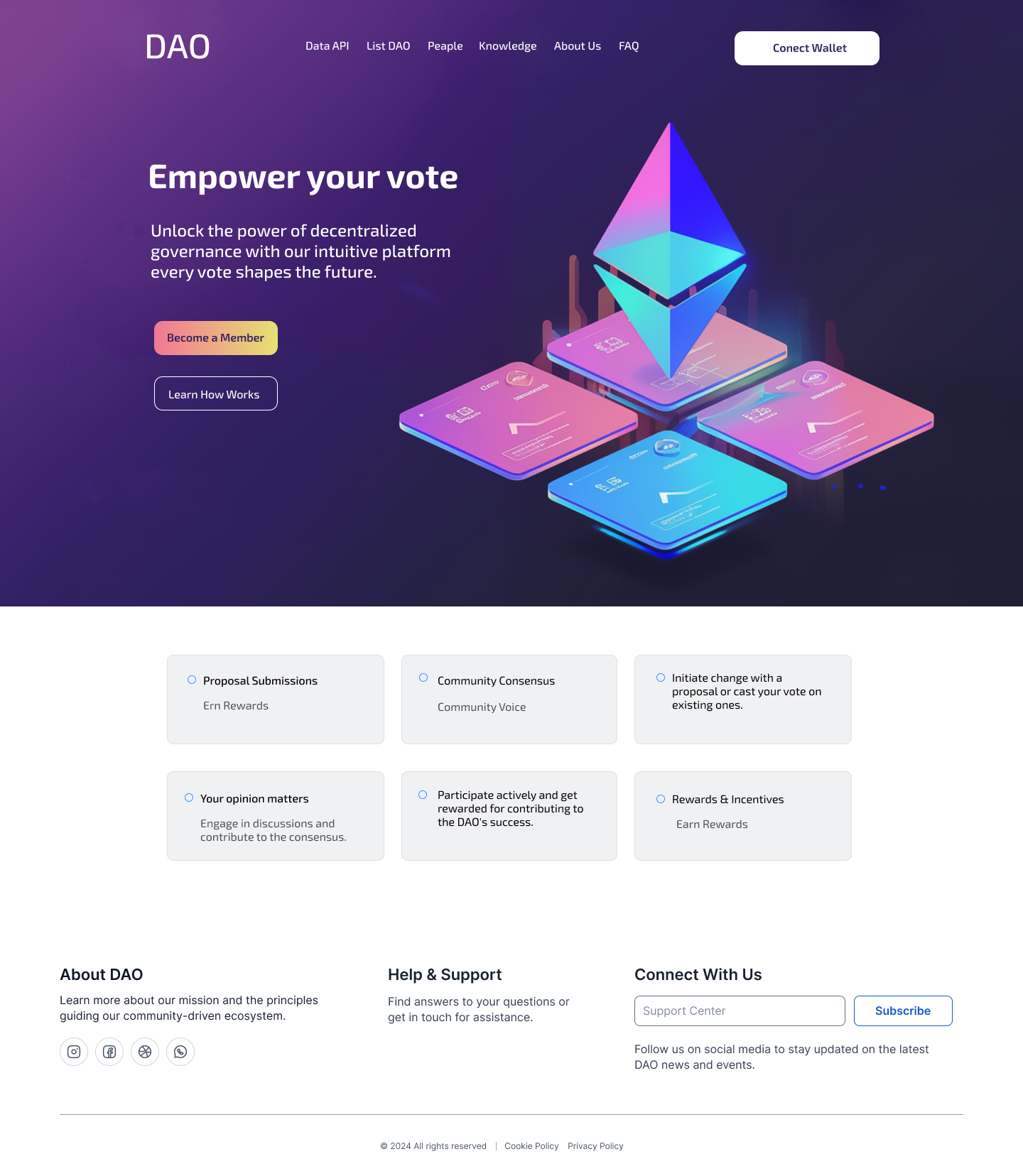 DAO Crypto Landing UI Design appdesign blockchain crypto cryptocurrency dailyui dapp decentralization decentralizedgovernance design dribbbleui ethereum featureddesign governance landingpage solana ui uiux web3 webdesign website
