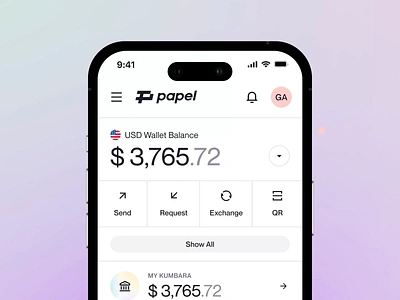 Papel: Mobile App [1/2] app bank banking business banking chat debit card digital bank finance finance app financial app fintech home page homepage message mobile mobile app payment personal finance split bill transaction